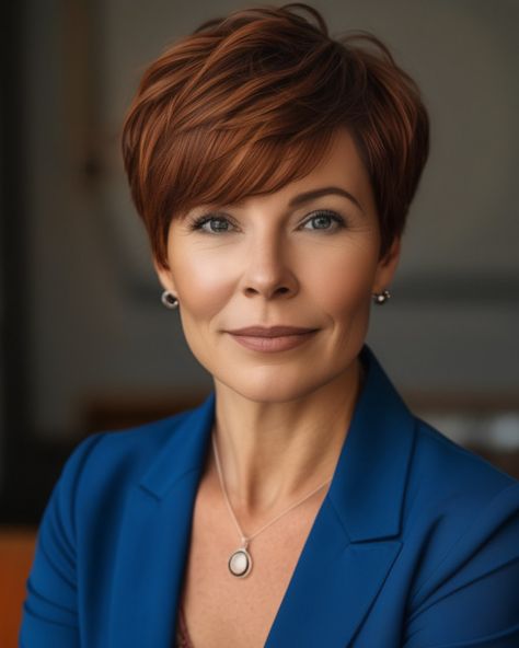 27 Chic Pixie Haircuts For Women Over 60, Edgy To Classic Pixie Auburn Pixie Haircut, Ginger Pixie Haircut, Brown Pixie Haircut, Ginger Pixie, Red Pixie Cuts, Brown Pixie, Classic Pixie, Pixie Haircuts For Women, Brunette Pixie