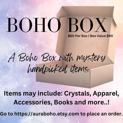 Introducing the Boho Box! $90 value for only $60 ! Get a selection of handpicked items from our shop at an affordable rate. Believe in the magic of the mystery and enjoy your gain. ✨ #mystery #mysterybox #auraboho #boho #witch #witchaesthetic #crystalhealing #Smallbusiness #supportsmallbusiness Spell Kits, Boho Witch, W.i.t.c.h Aesthetic, Believe In The Magic, Painted Hats, Earrings Accessories, Mystery Box, Crystal Healing, I Shop