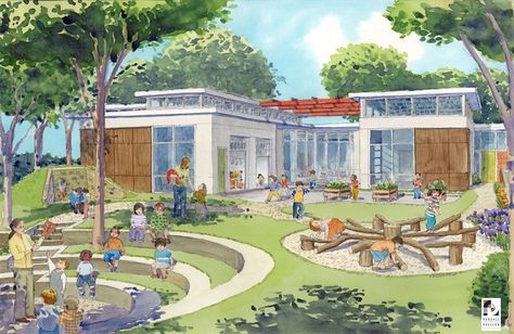 Rendering - Ahava Exterior School Playground Design, Classroom Architecture, Elementary School Architecture, Natural Playground Ideas, Playgrounds Architecture, Preschool Designs, Landscape Architecture Plan, Outdoor Learning Spaces, School Building Design