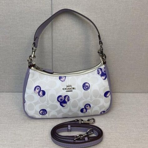 NWT Coach Outlet Teri Shoulder Bag In Signature Canvas With Blueberry Print Coach Teri Shoulder Bag, Blueberry Print, Y2k Handbag, Coach Hobo Bag, Barrel Bag, Leather Shoulder Handbags, Coach Outlet, Black Leather Purse, Bags Logo