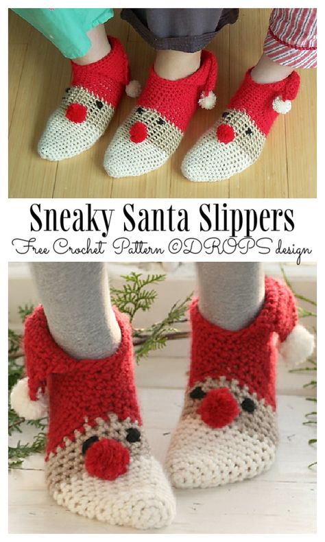 Christmas Sneaky Santa Slippers Free Crochet Patterns Grinch Slippers Free Crochet, Christmas Crochet Slippers Free Patterns, Crochet Round Toe Slippers For Winter, Crochet Adult Elf Slippers Free Pattern, Crochet Elf Slippers, Granny Square Slippers, Holiday Slippers, Elf Slippers, Christmas Slippers