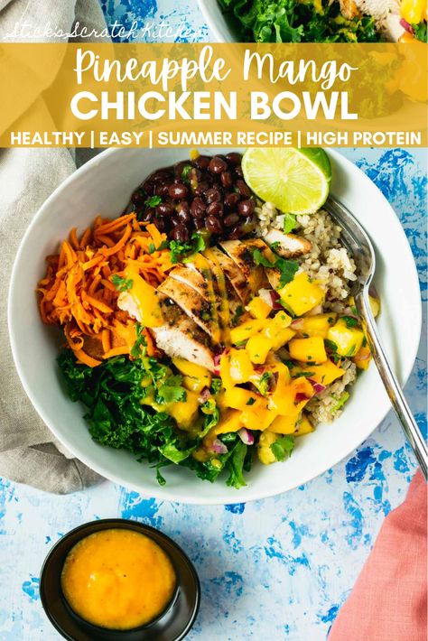 This recipe for Mango Chicken Bowls was inspired by our favorite protein bowl from a local eatery called Modern Market and incorporates juicy grilled chicken, sauteed shredded sweet potato, garlic black beans, a quinoa-brown rice mixture, and bright pineapple mango salsa. This Caribbean-esque bowl is deliciously fresh and bursting with summery flavors. #mangochicken #chickenbowl #mangosalsa #healthychicken #mangochickenbowl #chickenrecipes Chicken Mango Bowl, Pineapple Chicken Bowl Recipe, Pineapple Mango Chicken, Mango Chicken Rice Bowl, Quinoa Bowl With Sweet Potato And Chicken, Mango Salsa Chicken Bowl, Jerk Chicken Pineapple Bowl, Mango Pineapple Salsa, Mango Chicken