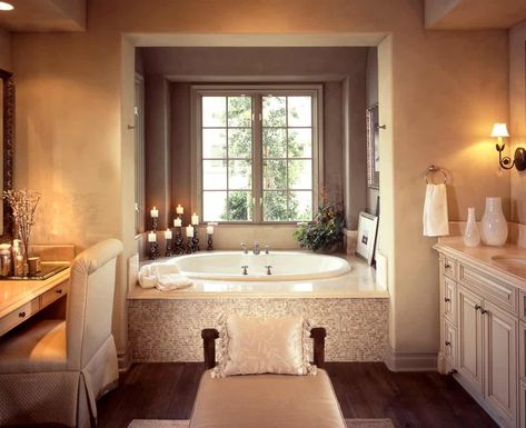 This soaking tub is situated in an alcove with a window at the end of a galley style bathroom (vanities run parallel on both sides). The alcove includes an oval drop-in soaking tub and plenty of surrounding surface space for candles, plants, towels and more. Drømme Bad, Romantic Bathrooms, Bad Inspiration, Dream Bathrooms, Bath Room, Dream Bathroom, Style At Home, Bath Tub, Beautiful Bathrooms