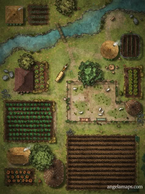 Farm Country - Free Version | Angela Maps on Patreon Dnd Farm Map, Fantasy Map Making, Village Map, Dnd World Map, Building Map, Dungeon Master's Guide, Tabletop Rpg Maps, Rpg Map, Dungeon Maps