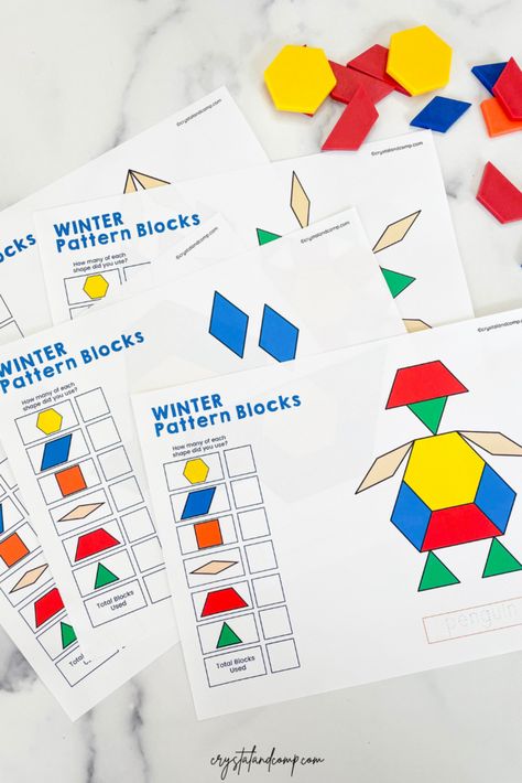 Winter Pattern Block Printables Pattern Block Printables, Block Center Preschool, Pattern Blocks Activities, Winter Theme Preschool, Weather Books, Kindergarten Units, Blocks Preschool, Preschool Winter, Preschool Stem