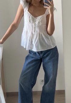 Babydoll Tops Aesthetic, Brandy Melville Babydoll Top Outfit, Dress With Pants Outfit, Top And Baggy Jeans, Hollister Babydoll Top Outfit, Coquette Babydoll Top, 2000 Babydoll Top, Dress With Pants, Doll Jeans