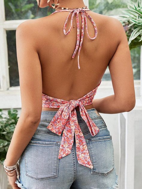 Multicolor Boho Collar  Knitted Fabric Floral,Paisley,All Over Print Halter Embellished Non-Stretch Summer Women Clothing Babydoll Tops, Hiking Outfit Spring, Backless Cami Top, Bridal Bra, Backless Halter Top, Backless Top, Women Tank Tops, Halter Neck Top, Womens Tops Summer