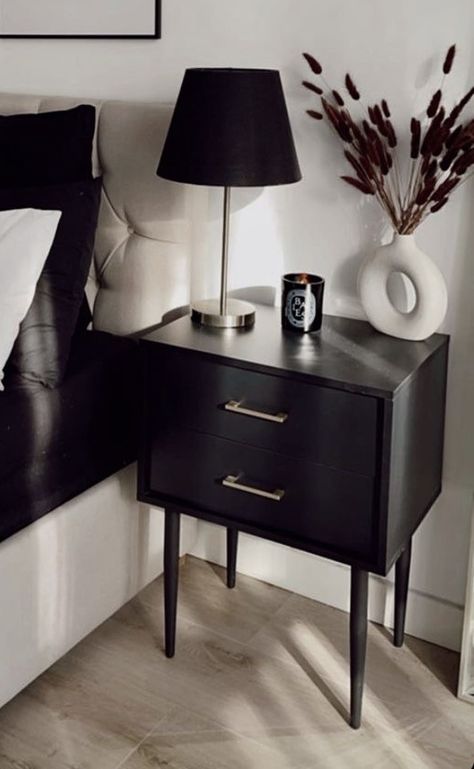 Black Bed Tables, Gray Bed Frame Black Nightstand, Nightstand Black And Wood, Bedside Table Styling Modern, Black Night Stand Decor, Black Side Tables Bedroom, Bedside Table Ideas Black, Black Nightstand Decor, Black Bedside Table Ideas