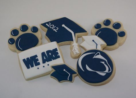 Penn State Graduation, Owl Cookies Royal Icing, Graduate Ideas, College Cookies, Grad Cookies, Sports Cookies, College Grad Party, Cookie Wedding Favors, Owl Cookies