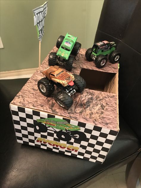 Monster Truck Diy, Monster Jam Valentine Box Ideas, Cardboard Monster Truck, Monster Truck Valentine Box Ideas, Monster Truck Valentines Boxes Boys, Monster Truck Valentine Box, Valentines Box Monster Truck, Monster Truck Valentines, Kids Parade Floats