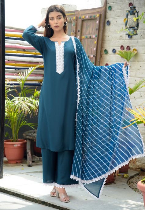 Rayon kurta and Plazo With flower lace Lehariya Dupatta with4 side lace Size m to xxl Kurta And Plazo, Kurti Sets, Flower Lace, What's App, Bell Sleeve Top, Cover Up, Lace, Women's Top, Dresses