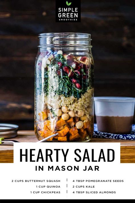 A Hearty Mason Jar Salad Recipe | Healthy, Fresh Fast Food for Autumn Lunch Jar Ideas, Mason Jar Grain Bowl, Spinach Mason Jar Salad, Quinoa Mason Jar Recipes, Fall Mason Jar Salads, Kale Mason Jar Salad, Quinoa Jar Salad, Vegan Jar Meals, Vegetarian Mason Jar Meals