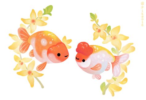 Ranchu and Forsythias by pikaole.deviantart.com on @DeviantArt Goldfish Tattoo, Goldfish Art, Golden Fish, Fish Illustration, Fish Drawings, Fish Art, Cute Animal Drawings, 귀여운 동물, Goldfish