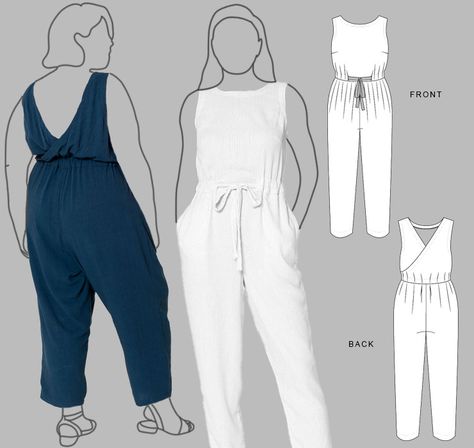 Sewing Pattern: Elevate your wardrobe with this relaxed-fit, pull-on, easy jumpsuit pattern. This versatile piece features wide shoulder straps, a rounded high neckline, and a cross-over open back for a touch of flair. The drawstring waist provides comfort and style, while the tapered legs and in-seam pockets add practicality to this on-trend design. Easy Jumpsuit Pattern, Jumpsuit Pattern Sewing Free, Romper Sewing Pattern, Jumpsuit Pattern Sewing, Garment Sewing, Free Pdf Sewing Patterns, Plus Size Summer Outfits, Romper Pattern, Jumpsuit Pattern