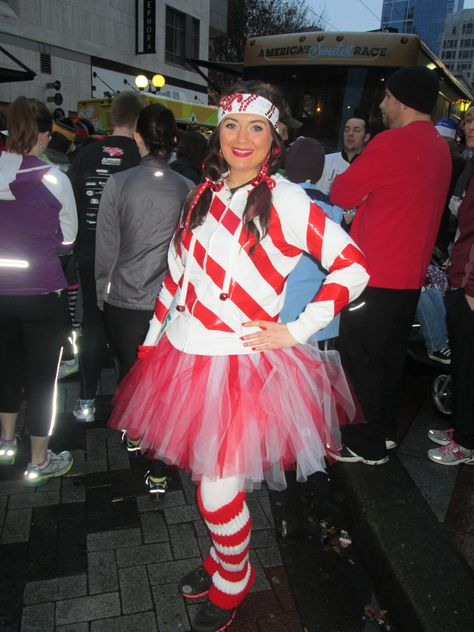 Candy cane costume jingle bell run Candy Lane Costumes, Diy Candy Cane Costume, Diy Candy Cane Outfit, Candy Cane Day At School Outfits, Dress Like A Candy Cane, Dress Like A Candy Cane Day At School, Candy Cane Costume Diy, Candy Cane Dress Up Day, Candy Cane Outfit Women