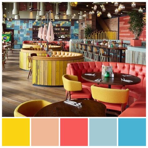 Triadic colour scheme contributes to the lively, casual ambience in this restaurant. Triadic colour palette illustration by Zena O’Connor featuring an image from Harwoods timber flooring. Triadic Colour Scheme Interior Design, Color Palette For Restaurant Interior Design, Restaurant Colour Scheme, Themed Restaurant Interiors, Colourful Restaurant Interior, Restaurant Colour Palette, Triadic Color Scheme Interior, Tetradic Color Scheme Interiors, Restaurant Color Scheme