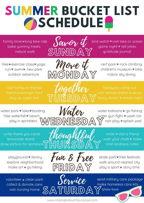 Have a fun summer with kids and reduce bad behavior with routines! This summer bucket list schedule gives you an activity to do every day based on a theme. There are 7 other free summer schedules to download too! #raisingkidswithpurpose #summerschedule #summerfun #kidroutines #parenting List Routine, Summer Schedule For Kids, Kids Summer Schedule, Routine For Kids, Schedule Ideas, Summer Camp Themes, Family Culture, Summer Camp Activities, Block Scheduling