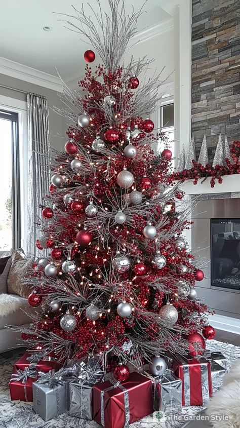 40 Inspiring Red Christmas Decorations - The Garden Style Silver Christmas Trees Decorated, Silver And Red Christmas Tree Ideas, Christmas Tree Silver And Red, Red Gold And Silver Christmas Tree, Red And Silver Christmas Tree Ideas, Silver Red Christmas Tree, Red Silver Christmas Tree, Silver And Red Christmas Tree, Red And Silver Christmas Tree