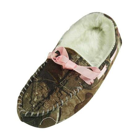 Realtree - Girls Camo Moccasin Slipper, Brown, Faux Fur Lined, Camouflage with Pink Ribbon Trim, Cushioned Footbed, Skid Resistant with a Textured Sole, Warm and Soft, Size S = 11/12 M = 13/1 L = 2/3 XL = 4/5, Upper 60% Cotton 40% Polyester Balance Man Made, Made in China, #37296 37-296 Size: M 13-1.  Gender: female.  Age Group: adult. Female Loafers, Pink Moccasins, Loafers Slippers, Camo Girl, Womens Camo, Faux Fur Slippers, Suede Slippers, Fashion Slippers, Loafer Slippers