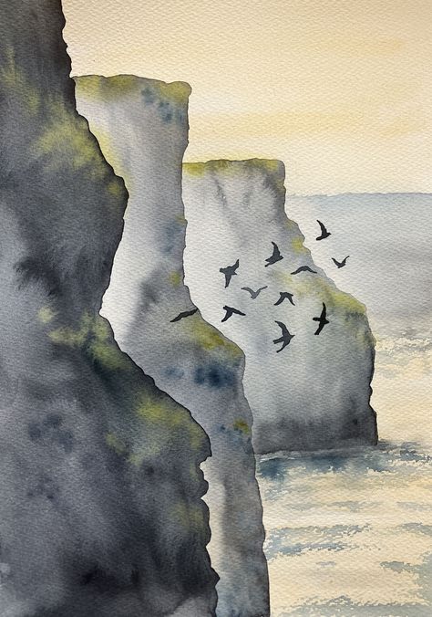 original watercolor painting of Cliffs of Moher, Ireland, in a fog with flock of birds, available on Etsy Circular Watercolor Paintings, Watercolor Person Simple, Ireland Landscape Art, Water Coloring Ideas Easy Landscape, Water Colour Land Scapes, Watercolor Ireland, Love Watercolor Paintings, Watercolor Landscape Easy, Watercolor Art Birds