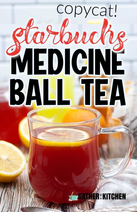 You'll love this recipe for copycat Starbuck's medicine ball tea. It has water, lemonade, mint tea, peach tea, peppermint extract, honey, lemon and mint in it. A great tea for when you have a sore throat or are feeling under the weather. Copycat Medicine Ball, Drinks For Sore Throat, Starbucks Medicine Ball Tea, Starbucks Medicine Ball Recipe, Medicine Ball Tea, Starbucks Medicine Ball, Throat Tea, Sore Throat Tea, Cat Medicine