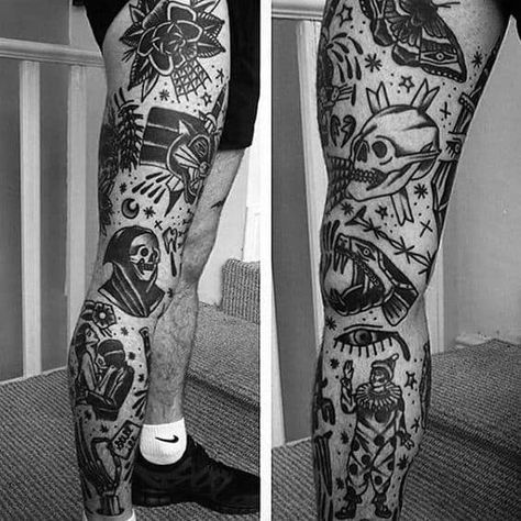 Gentleman With Full Leg Sleeve Traditional Tattoos Traditional Tattoo Leg Sleeve, Traditional Tattoo Filler, Traditional Tattoo Man, Full Leg Tattoos, Neotraditional Tattoo, History Tattoos, Skull Sleeve Tattoos, Tattoo Leg, Tattoo Old School