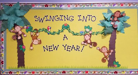 Jungle  / monkeys bulletin board Jungle Theme Infant Classroom, Safari Bulletin Board Ideas Preschool, Jungle Theme Bulletin Boards Preschool, Jungle Bulletin Board Ideas, Monkey Bulletin Board Ideas, Welcome To Our Jungle Bulletin Board, Welcome To The Jungle Door Theme, Safari Bulletin Boards, Wild About Learning Bulletin Board