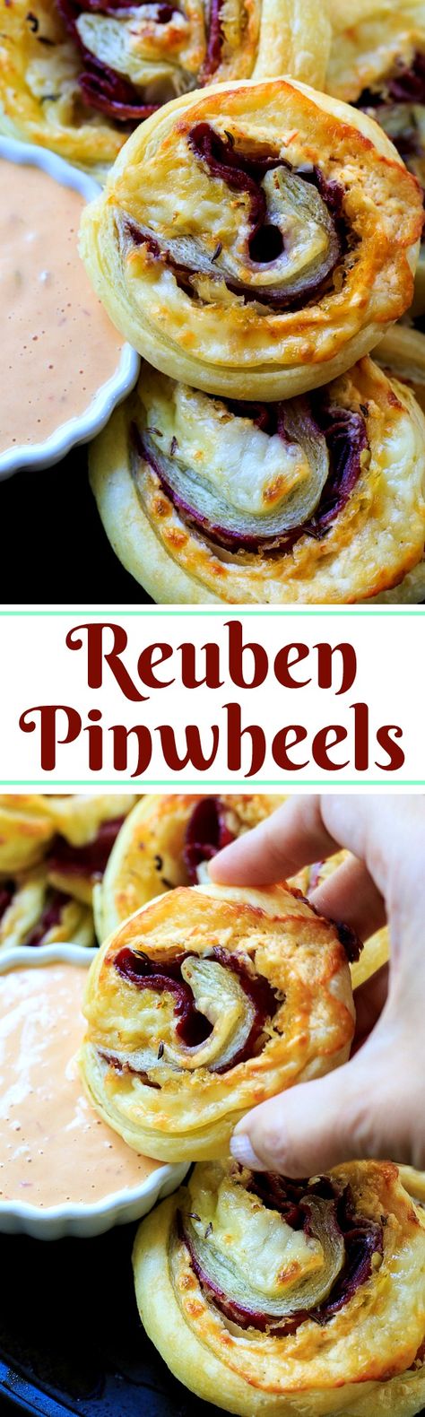 Reuben Pinwheels make a great party appetizer. Corned beef, swiss cheese, and sauerkraut wrapped up in puff pastry. Corned Beef Pinwheels, Ruben Pinwheel Appetizers, Reuben Fritters, Ruben Puff Pastry Pinwheels, Rueben Appetizer Recipes, Reuben Pinwheels, Rueben Pinwheels With Puff Pastry, Reuben Puff Pastry Pinwheels, Reuben Crescent Roll