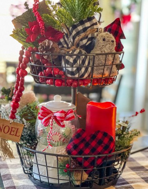 How to: Christmas Tiered Trays - my home of all seasons 3 Tier Wire Basket Stand Decor, Metal Basket Decor, Tiered Basket Stand, Wire Basket Decor, Tiered Fruit Basket, Initials Ornament, Christmas Tray, Christmas Hamper, Plaid Christmas Tree