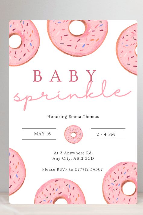 Baby Shower Invitation with a Pink Donut 'Baby Sprinkle' Theme Baby Girl Sprinkle Shower Ideas, Pink Sprinkle Donut, Sprinkle Baby Shower Girl, Pink Sprinkles, Sprinkle Shower, Pink Donut, Sprinkle Donut, Sprinkle Baby Shower