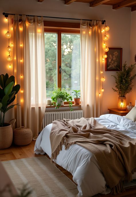 Boho Bedroom with Curtain Lights Soft Lighting Aesthetic, Cozy Bedroom Aesthetic Fairy Lights, Sheer Curtains With Lights, Cozy Lighting Bedroom, Bedroom Curtain Lights, Vintage Boho Bedroom Inspiration, Vintage Boho Bedroom, Calm Bedroom, Light Curtains