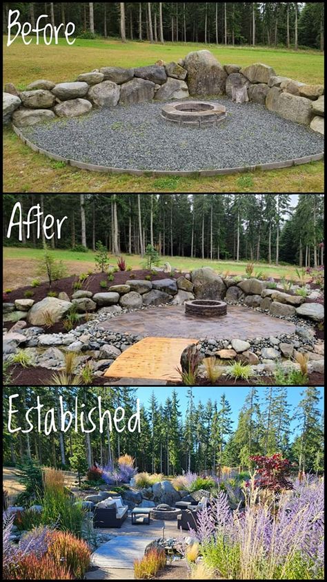 Fire Pit By Lake, Fire Pit Oasis, Outdoor Landscaping Ideas With Rocks, Fire Pit In Hillside, Landscaped Fire Pit Area, Landscaping Fire Pit Ideas, Firepits Backyard Corner, Cottage Yard Landscaping, Gazebo Fire Pit Ideas