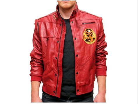 Halloween Cosplay Karate Kid Johnny Lawrence Cobra Kai Red Leather Jacket Karate Kid Johnny Lawrence, Captain America Jacket, Kids Leather Jackets, Johnny Lawrence, The Karate Kid, Shearling Jacket Women, Jacket Ideas, Cafe Racer Jacket, Distressed Jacket