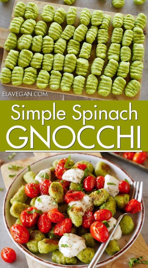 4-ingredient homemade spinach gnocchi is tender, fluffy, comforting, vibrant, 100% egg-free (you don’t need it!) & optionally gluten-free. A perfect way to sneak in more greens! #spinachgnocchi #homemadegnocchi #greengnocchi #vegangnocchi #glutenfreegnocchi #elasrecipes | elavegan.com Fluffy Gnocchi Recipe, Low Fodmap Recipes Vegetarian, Gluten Free Gnocchi Recipes, Gnocchi Recipes Healthy, Spinach Gnocchi, Gnocchi Recipes Homemade, Gluten Free Gnocchi, Homemade Gnocchi, Homemade Noodles