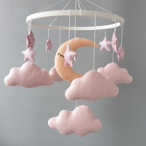 moon mobile, baby mobile, moon mobile nursery, baby mobile girl, nursery decor girl, pink mobile nursery Moon Crib, Decorating Nursery, Pink Baby Mobile, Wooden Baby Mobile, Moon Stars Nursery, Star Themed Nursery, Nursery Guest Room