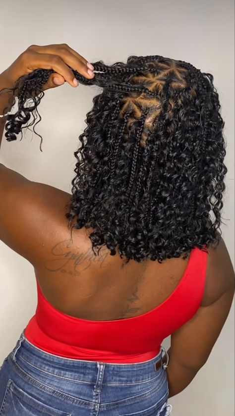 Short Knowles Braids, Bohemian Knotless Braids Bob Length, Braided Bob Curly Ends, Tea Party Outfits For Black Women Summer, Short Box Braids Hairstyles Ideas, Short Bob Goddess Braids, Braided Curly Bob, Triangle Part Boho Knotless Braids, Short Bob Boho Braids