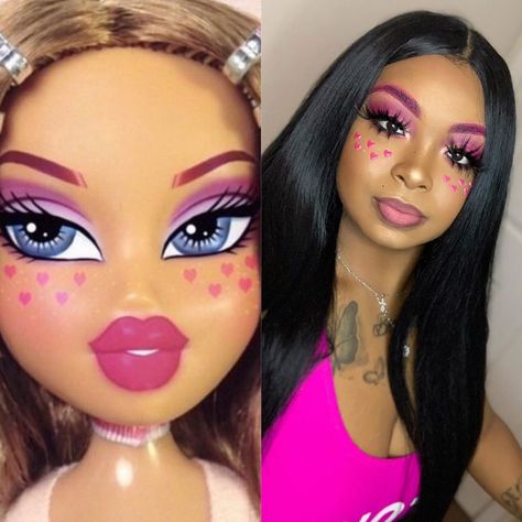 BlendedByDee on Instagram: “I wanted to try the BRATZ DOLL CHALLENGE 💕💓. How’d I do? —————————————- Make up details: @milanicosmetics foundation @makeuprevolution…” Bratz Babies, Bratz Costume, Bratz Doll Makeup, Bratz Makeup, Chucky Halloween, The Bratz, Holloween Makeup, Black Bratz Doll, Doll Shoe Patterns