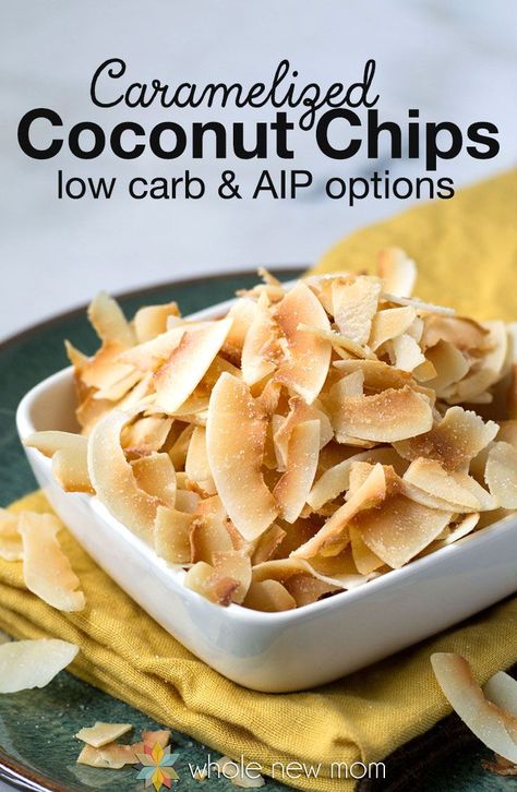 This Homemade Caramelized & Toasted Coconut Chips Recipe is one of the most helpful snack recipes I have ever come up with. Why? These little morsels of crunchiness and sweetness are just perfect – and they're a frugal version of the store bought ones. They're also special diet friendly – low carb, paleo, autoimmune protocol/AIP, GAPS and more! Coconut Chips Recipe, Snacks Homemade, Toasted Coconut Chips, Desiccated Coconut, High Carb Foods, High In Fiber, Coconut Chips, Healthy Sugar, Makanan Diet