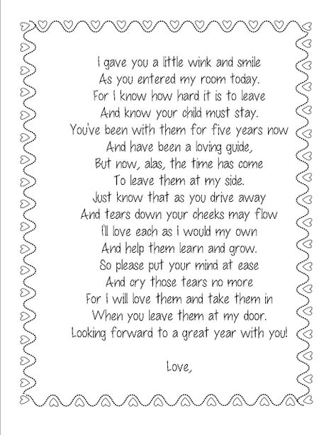 kindergarten kidlets: poem for parents (first day of school) First Day Of School Poem For Parents, First Day Of Preschool Poem, First Day Poem, Poem For Parents, Parents Poem, Back To School Poem, School Poem, Kindergarten Poems, Birthday Poem