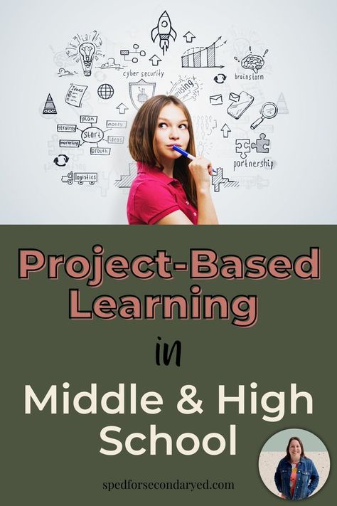 "Project-Based Learning in Middle & High School" with a picture of a girl holding a pen to her chin as though deep in thought. Hand drawn pictures are surrounding her head as though they are her thoughts, things such as a rocket ship, a globe, magnifying glass, etc. Project Based Learning High School, Project Based Learning Middle School, English Classroom Ideas, Academic Coach, Block Schedule, Inquiry Project, Pbl Projects, Teaching Us History, Geography Project