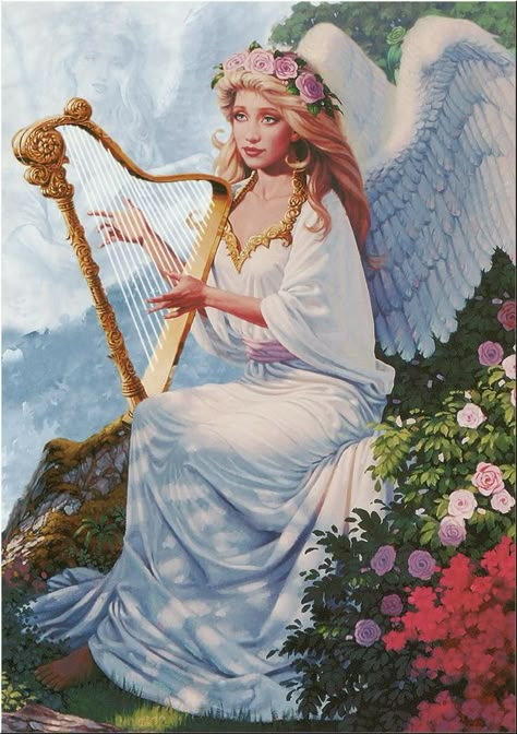 Do Angels Play Harps? Heavenly Art, Greek Goddess Art, Raindrops And Roses, I Believe In Angels, Angel Artwork, Beautiful Angels, Angel Images, Angels Among Us, Beautiful Angel