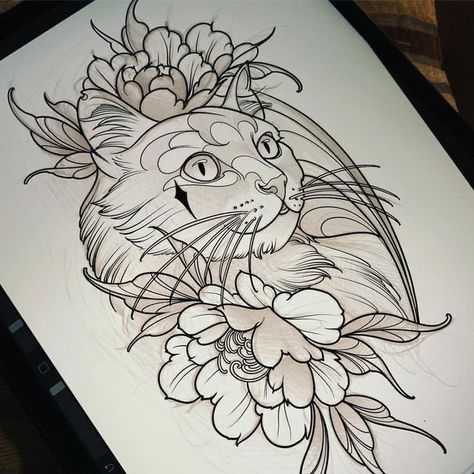 Neo Traditional Tattoos Blackwork, Peacock Neotraditional Tattoo, Neotraditional Cat Tattoo Design, Animal Knee Tattoo, Neo Traditional Cat Tattoo, Neo Traditional Cat, Learn Tattoo, Cat Tat, Cat Tattoo Designs