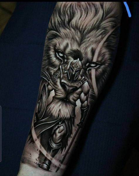 Lion On Calf Tattoo, Lion And Spartan Tattoo, Lion With Spartan Tattoo, Spartan Arm Tattoo, Gladiator Lion Tattoo, Lower Forearm Tattoo Men, Christian Forearm Tattoo, Spartan Sleeve Tattoo, Warrior Of God Tattoo