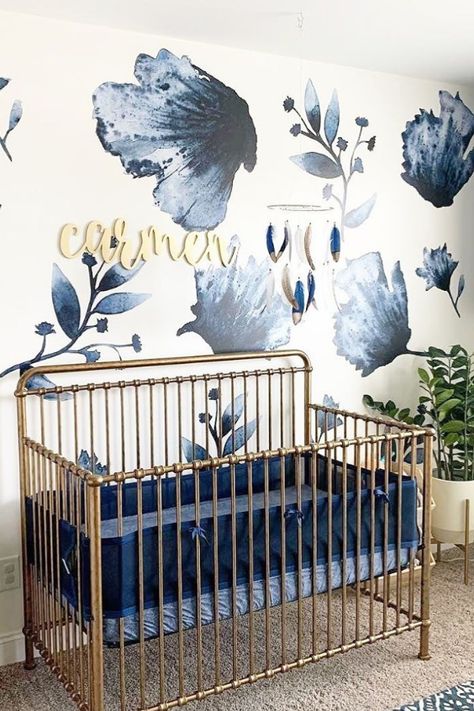 Navy Girl Nursery, Blue Floral Nursery, Blue Nursery Girl, Blue Flower Wall, Navy Blue Nursery, Nursery Layout, Navy Nursery, Simple Nursery, Nursery Decor Inspiration