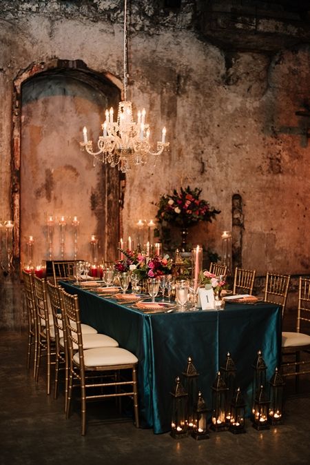 Moody Romantic Wedding Table Settings, Quite Luxury Wedding, Moody Reception Decor, Moody Reception, Moody Tablescape, Cellar Wedding, Love Presents, Glam Wedding Decor, Dark Wedding Theme