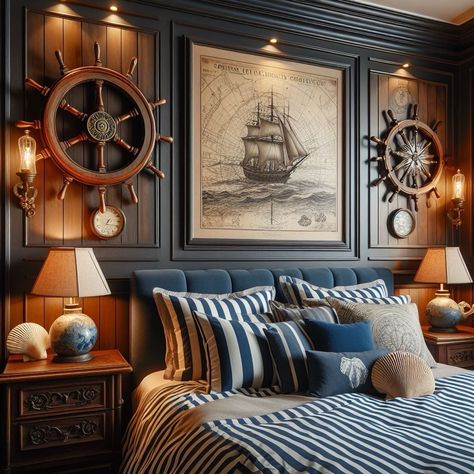 Sea Life Bedroom, Sailor Room, Dark Nautical, Future Interior Design, Ocean Room Decor, Nautical Interior, Nautical Bedroom, Beach Themed Bedroom, House Design Pictures