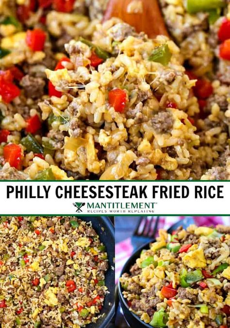 Philly Cheesesteak Fried Rice | Beef & Peppers Fried Rice | Mantitlement Cheesy Rice Recipes, Ground Beef Peppers, Tasty Fried Rice, Dinner Ground Beef, Steak Rice, Leftover Rice Recipes, Steak And Rice, Meat Casserole, Pork Fried Rice