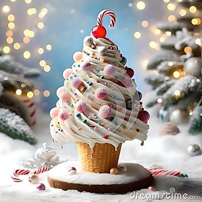 captivating-image-showcases-towering-ice-cream-cone-adorned-festive-cheer-christmas-swirls-creamy-vanilla-ice-cream-generously-sprinkled-red-green-candies-evoking-traditional-colors-holiday-season-classic-candy-cane-its-iconic-red-white-stripes-gracefully-embedded-soft-folds-ice-cream-adding-touch-whimsy-cone-set-against-magical-backdrop-featuring-softly-glowing-lights-snow-dusted-christmas-trees-create-enchanting-winter-wonderland-atmosphere-delightful-composition-masterfully-combines-joy-ice-cream-spirit-christmas-making-ideal-choice-looking-to-add-sweet-merry-visual-to-their-projects Ice Cream Christmas, Classic Candy, Cone Christmas Trees, Ice Creams, Vanilla Ice, Vanilla Ice Cream, Ice Cream Cone, Red And White Stripes, Christmas Trees