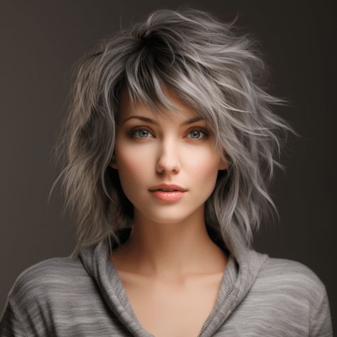 Shag Haircut Gray Hair, Textured Shoulder Length Hair With Bangs, Medium Length Shags For Women, Heavily Layered Shag Haircut, Choppy Shag Hairstyles Short With Bangs, Back View Of Bob Hairstyles Layered Hair, Shag Hairstyles 2023, Wispy Bangs Shaggy Hair, Wispy Haircuts Short