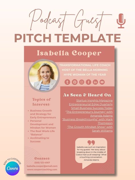 Elevate Your Podcast Guest Profile with Our Customizable Speaker One Sheet Canva Template! 🎙️ Make an Impact with Podcasting One Sheet! Introducing our meticulously crafted Podcast Guest Template – your gateway to making a remarkable impression on podcast hosts and audiences. Our Speaker One Sheet Canva Template is thoughtfully designed to showcase your expertise, credentials, and unique story in a visually captivating manner. Podcast Guest Template, Podcast Guest, Design Podcast, Sheet Template, Small Business Success, Guest Speakers, Success Story, Business Entrepreneur, Work Life Balance